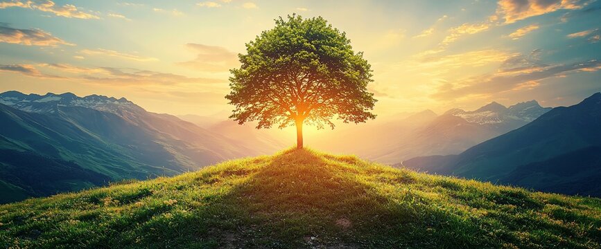 Solitary tree on a hilltop at sunset, overlooking majestic mountains.