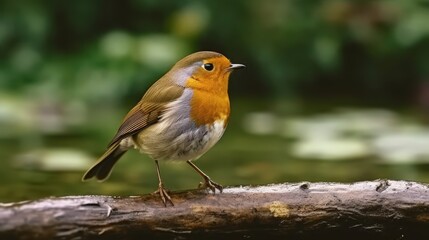 European Robin Standalone on Log in Nature Setting with Vibrant Orange Breasts and Green Background Highlights in Soft Focus