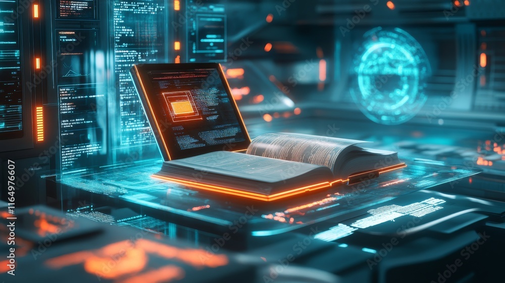 Poster futuristic study room with high-tech book reader and digital display