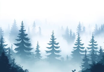 Misty forest landscape with tall evergreen trees.