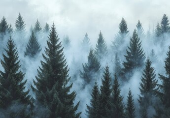 Fototapeta premium Misty evergreen forest, shrouded in fog, viewed from above.