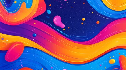 A vibrant abstract design featuring fluid shapes and bright colors on a dark background.