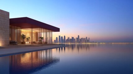 Obraz premium Arabian Gulf skyline, a view of skyline reflecting in calm waters during twilight