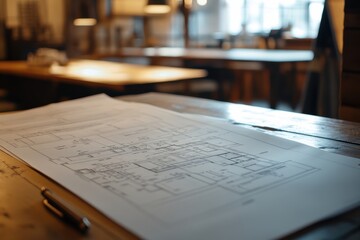 Detailed architectural blueprint on wood desk. Ideal for construction, design, and real estate projects.