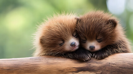 Two adorable baby animals snuggling close together on a branch