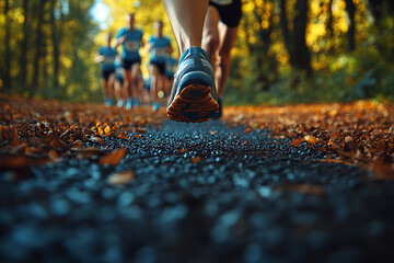 Several athletes at the start of a running track, ready to sprint, with green spring nature in the background
