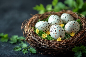 Obraz premium Colorful pastel eggs, decorated with patterns, laid out on a festive table with flowers and napkins
