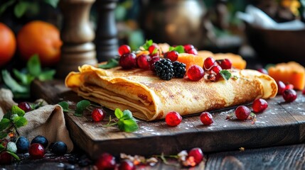 Delicious crepes topped with fresh berries and fruit. Perfect for menus, blogs, or recipes showcasing sweet treats.