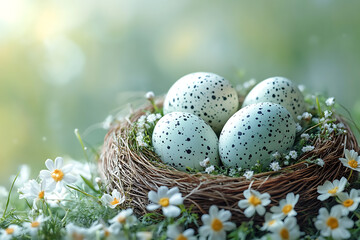 Fototapeta premium Colorful pastel eggs, decorated with patterns, laid out on a festive table with flowers and napkins