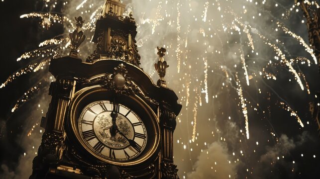 Elegant gold and silver fireworks exploding in the sky, with a New Year countdown clock in the foreground. 