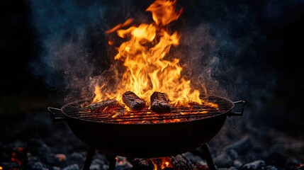 Flaming grill with meat cooking over hot coals. Perfect for BBQ, summer, food, and cooking themes.