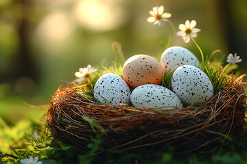 Obraz premium Colorful pastel eggs, decorated with patterns, laid out on a festive table with flowers and napkins