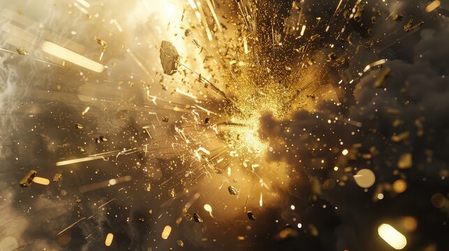 Elegant gold and silver fireworks exploding in the sky, with a New Year countdown clock in the foreground. 