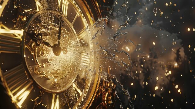 Elegant gold and silver fireworks exploding in the sky, with a New Year countdown clock in the foreground. 