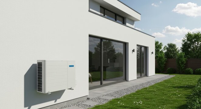 Modern sustainable home with heat pump system on sunny day
