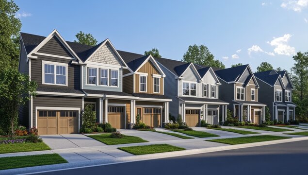 Row of new modern townhouses with attached garages, landscaped lawns, and sunny day.