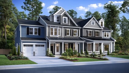 Three attached modern townhouses with gray and blue siding, white trim, and attached garages, set on a landscaped lawn.