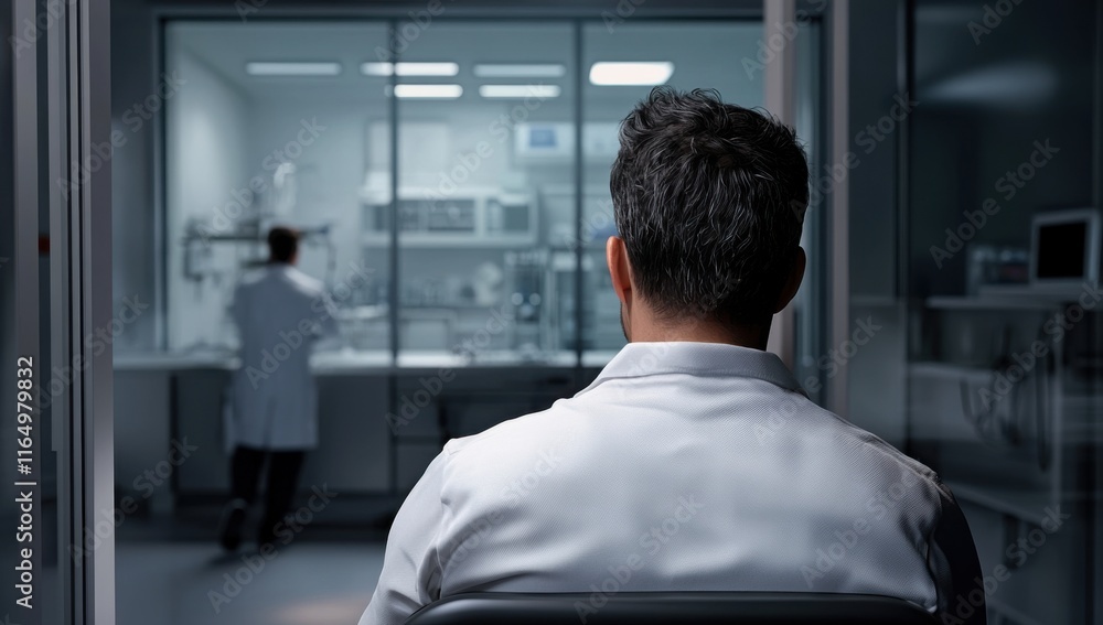 Poster a scientist observing laboratory research in progress a view from behind