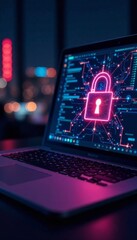 Laptop computer with digital padlock and cyber security network, digital technology, password