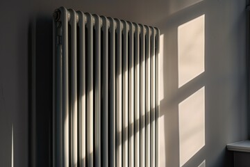 Obraz premium Contemporary white radiator close-up in a sunlit apartment, with soft shadows and modern design 