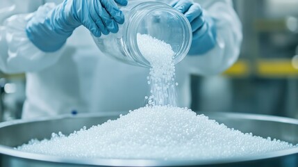 Scientist pouring polymer granules in lab, showcasing innovative plastic production process for sustainable manufacturing and industrial applications.