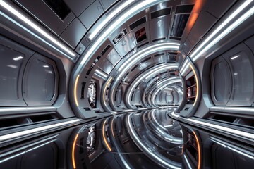 Futuristic spaceship corridor with metallic design.generative AI  
