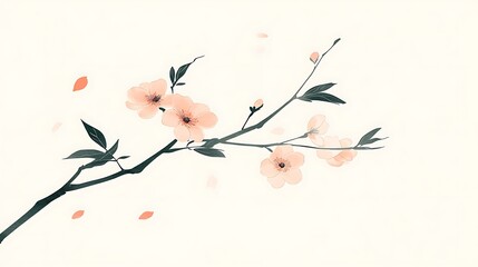 Beautiful Branch of Pink Flowers with Leaves on a Soft Textured Background