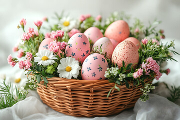 A charming Easter basket filled with bright pastel eggs, decorative bunnies and flowers, creating a festive and joyful atmosphere of spring
