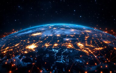 Illuminated Earth at night with glowing network connections.