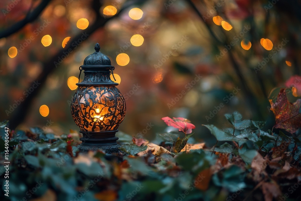 Poster illuminated lantern amidst autumn leaves and bokeh lights.