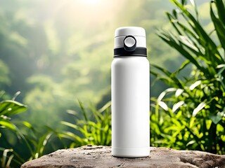 white reusable bottle water mockup with nature background