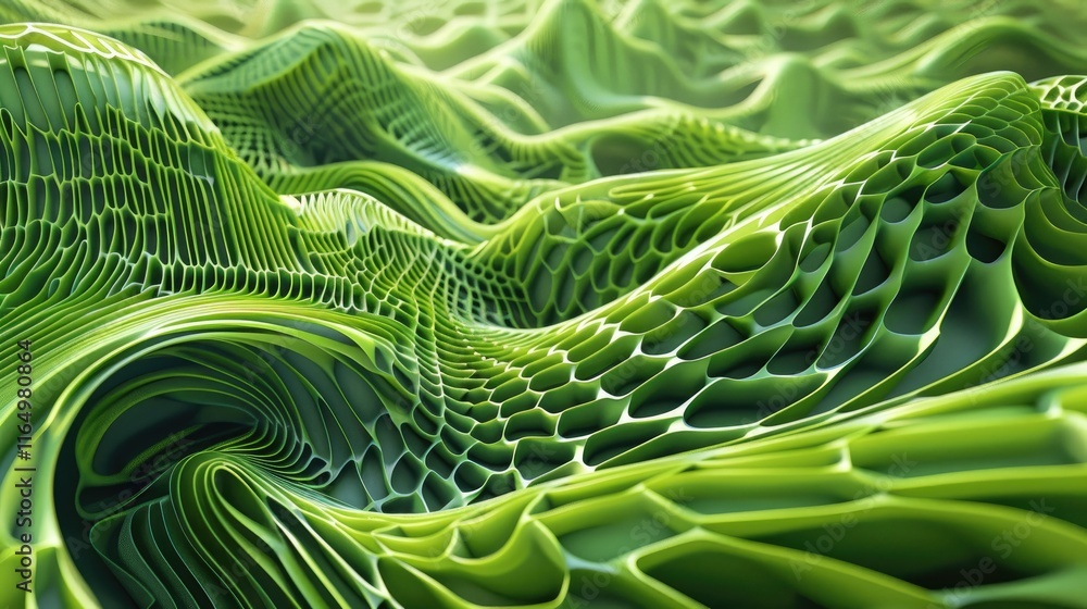 Poster abstract green landscape with textured waves and patterns.