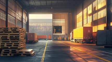 A large industrial loading dock with cargo trucks, wooden pallets, and metal ramps, styled in warm afternoon light
