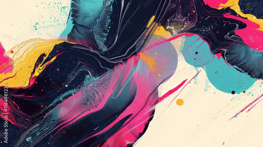 Poster abstract colorful artwork with flowing shapes and vibrant splashes of paint.