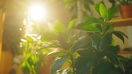 Obraz premium Sunlit Green Plant Leaves Basking In Warm Light