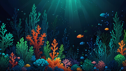 Naklejka premium abstract pixel art illustration showcasing a serene underwater world, with pixelated coral reefs, floating bubbles, and glowing marine life in shades of blue and green