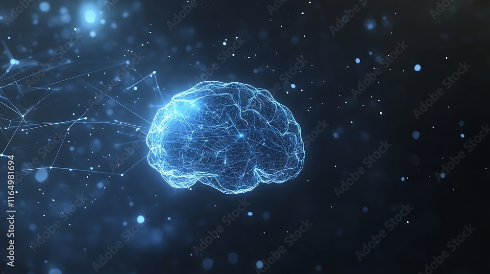 Poster futuristic brain visualization with glowing neural connections and digital particles