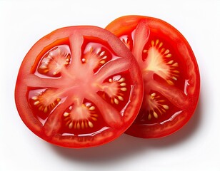 Tomato Slices Isolated on White. Freshly cut slices of red tomatoes arranged neatly on a clean white background.