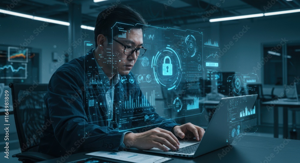 Poster cybersecurity specialist analyzing data with futuristic interfaces in a high-tech office