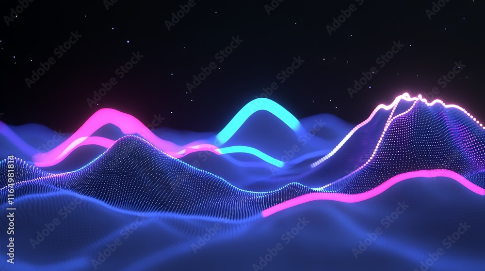 Poster abstract digital landscape with glowing blue waves and floating particles in a dark background