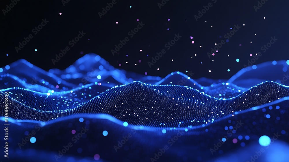 Poster abstract digital landscape with glowing blue waves and floating particles in a dark background