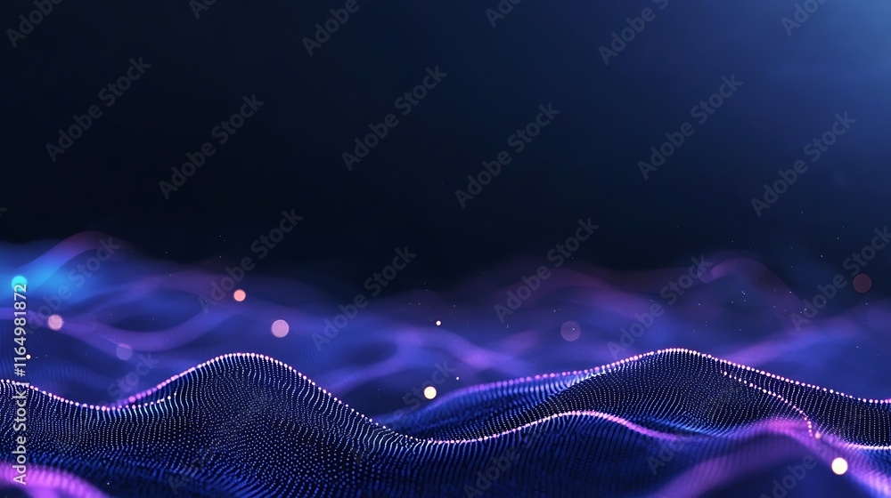 Poster abstract digital landscape with glowing blue waves and floating particles in a dark background