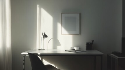 A minimalist home office setup with a clean white desk, a sleek ergonomic chair, and soft natural lighting