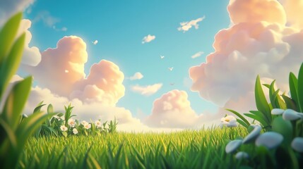 Majestic Grassy Meadow under Gradient Blue Sky - Cartoon-Style 3D Illustration Perfect for Banners