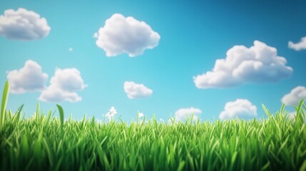 Sunny Day Dreams: Whimsical 3D Cartoon Landscape with Lush Green Grass and Blue Sky