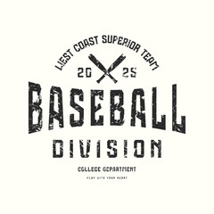 Baseball division typographic emblem. Graphic design with rough texture for t-shirt. Black print on white background