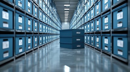 Organized storage room with rows of blue archive boxes on metal shelves and reflective floors, creating a clean and modern atmosphere for efficient data management.