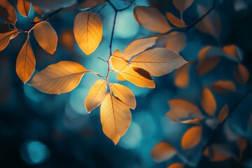 Golden autumn leaves backlit against a teal bokeh background.