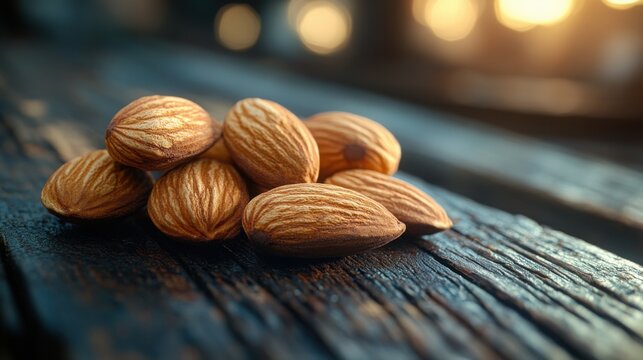 Handful of almonds on a wooden surface, with space for additional ingredients or recipe text, ideal for food photography