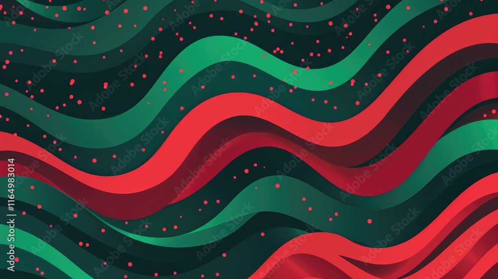 Poster abstract wavy pattern in red and green with a dark background, creating a festive vibe.